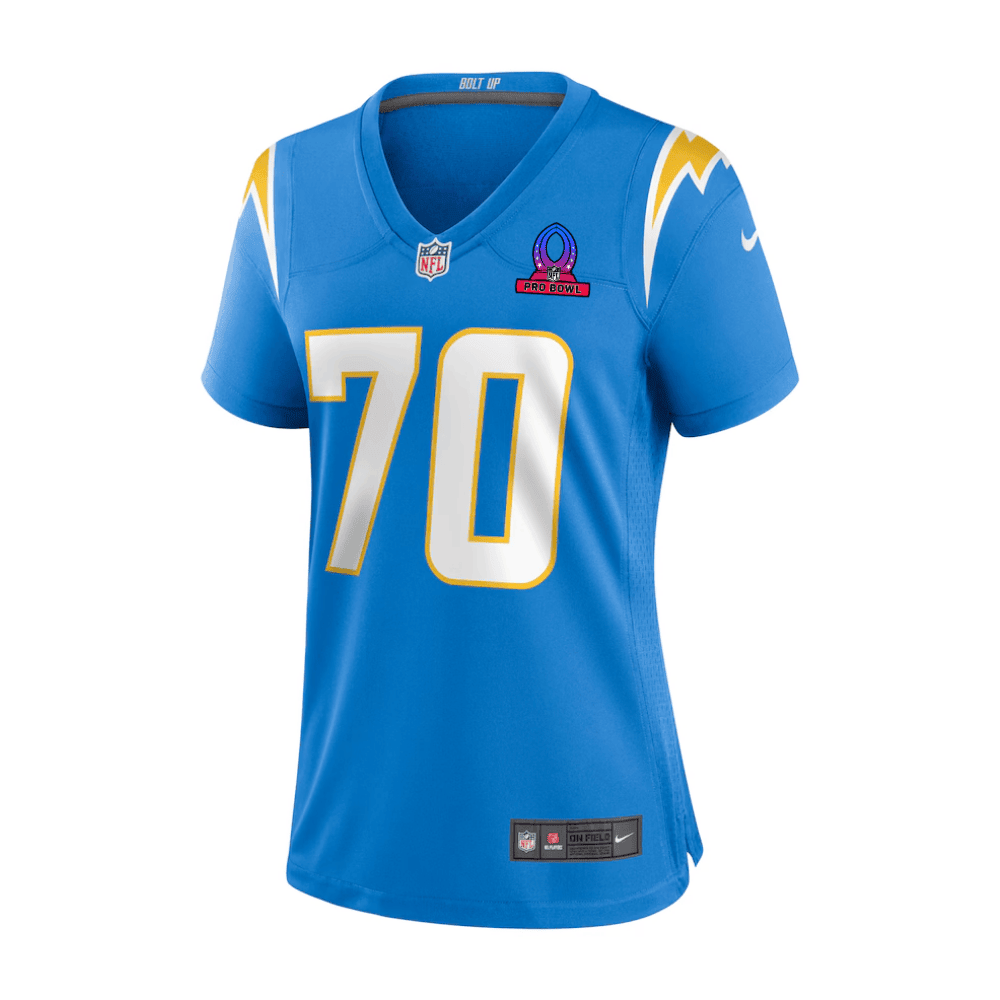 Rashawn Slater 70 Los Angeles Chargers 2025 Pro Bowl Patch Women Game Jersey - Powder Blue