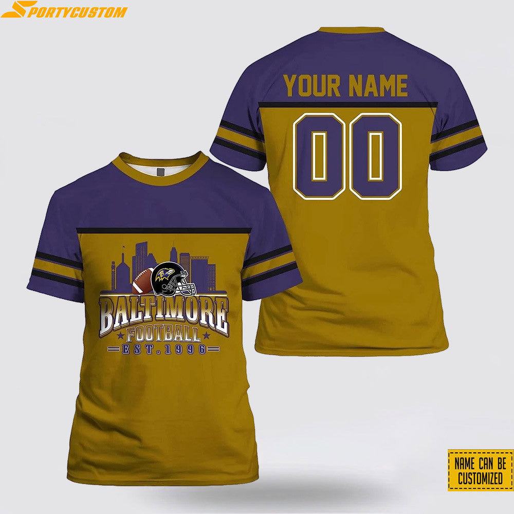 Baltimore Ravens City Custom Name & Number All Over Printed T-Shirt - Purple/Gold