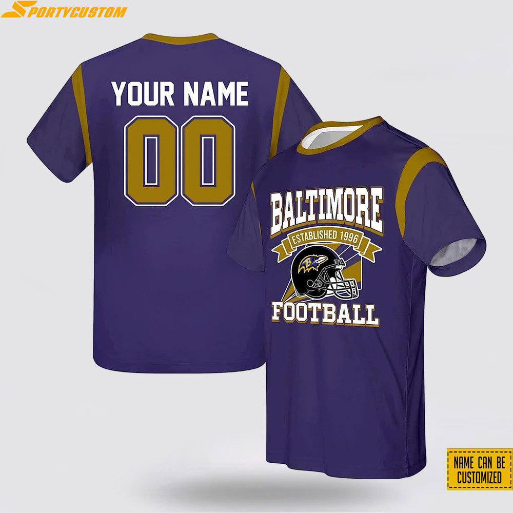 Baltimore Ravens Helmet Football Custom Name & Number All Over Printed T-Shirt - Purple