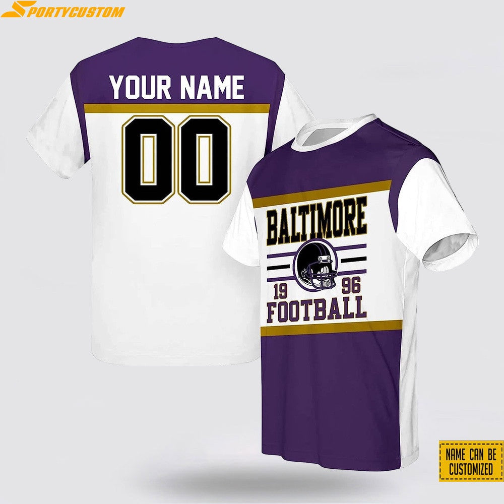 Baltimore Ravens Helmet Football Custom Name & Number All Over Printed T-Shirt - Purple/White