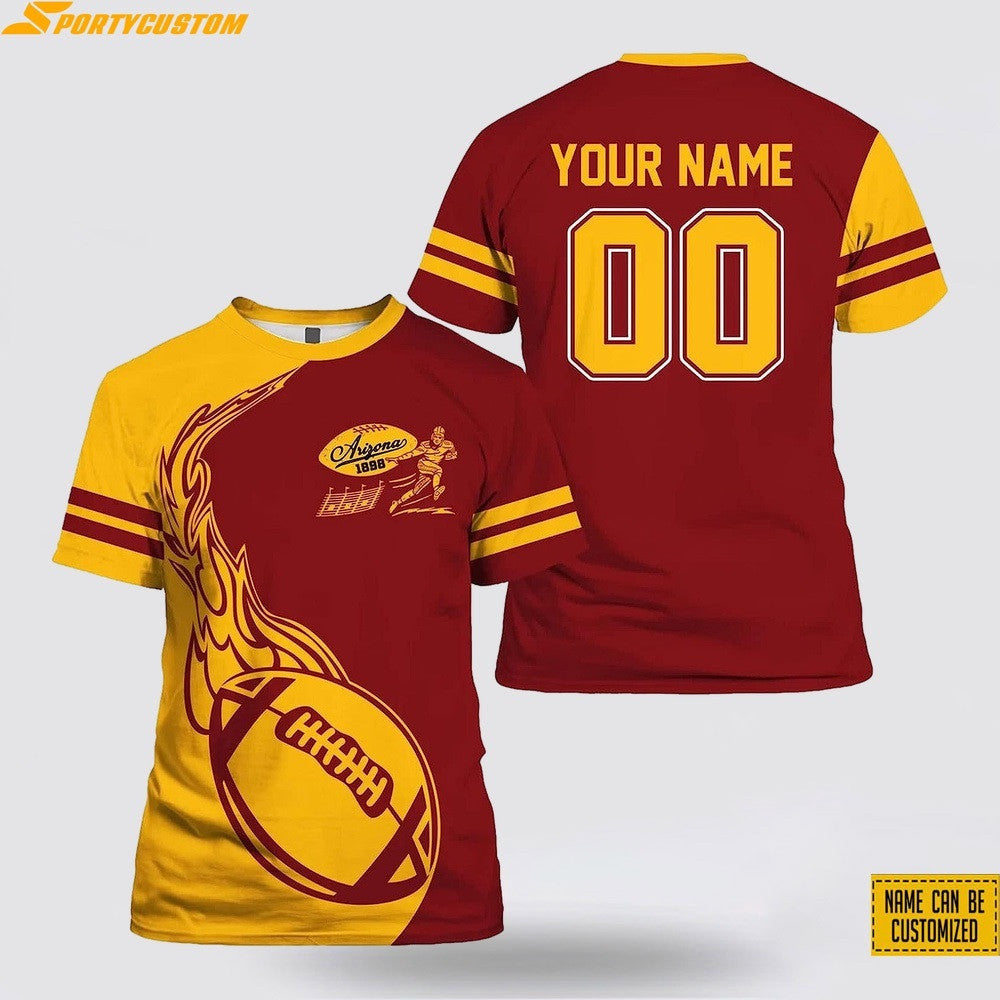 Arizona Cardinals Fire Ball Custom Name & Number All Over Printed T-Shirt - Gold/Red