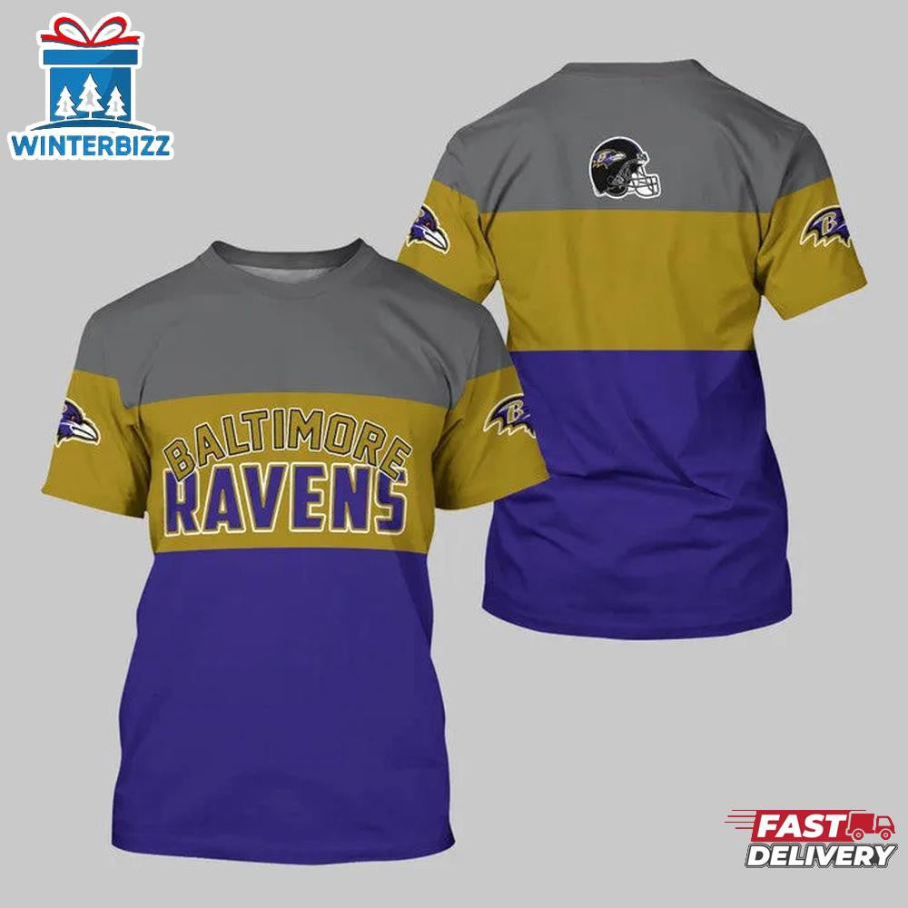 Baltimore Ravens Logo Team All Over Printed T-Shirt - Gray/Gold/Purple