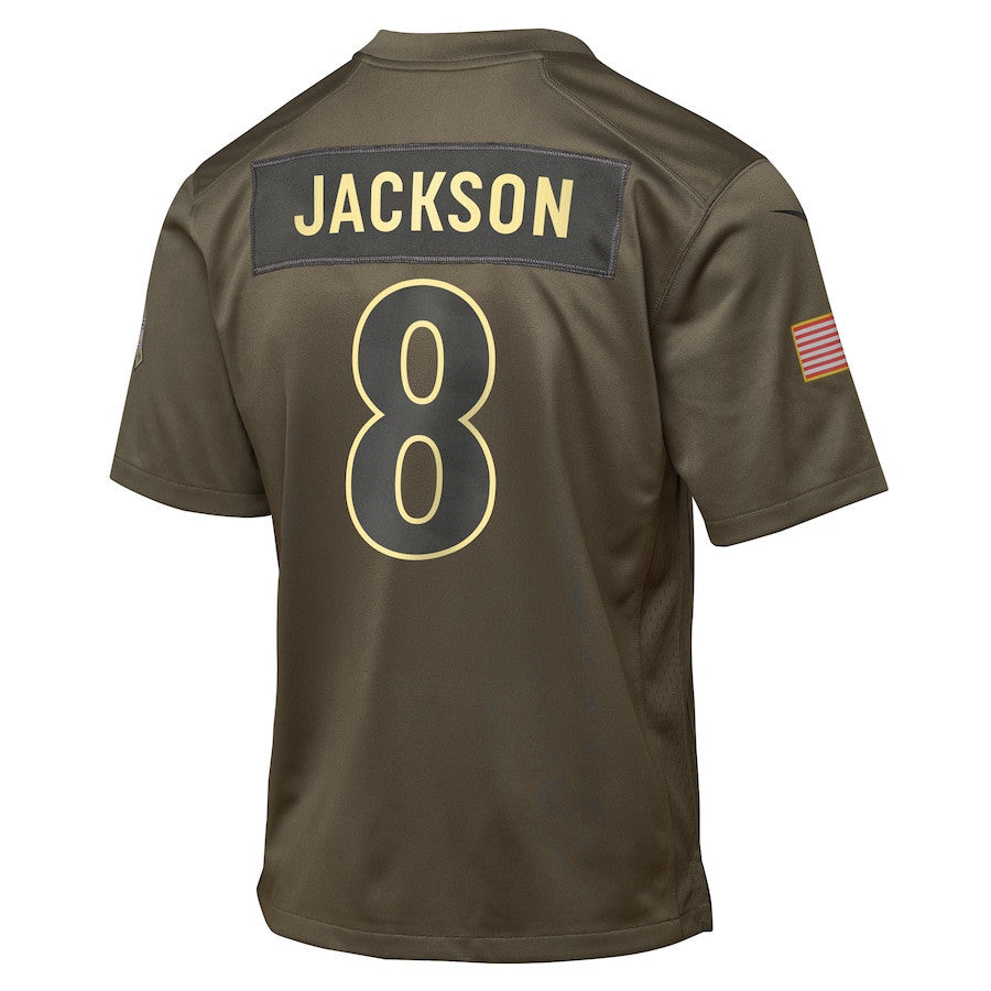 Lamar Jackson 8 Baltimore Ravens 2025 Salute to Service YOUTH Jersey - Olive