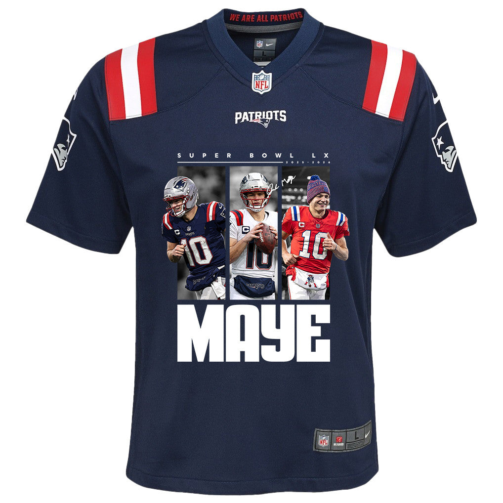 Drake Maye 10 New England Patriots Super Bowl LX Game Day YOUTH Jersey – Navy