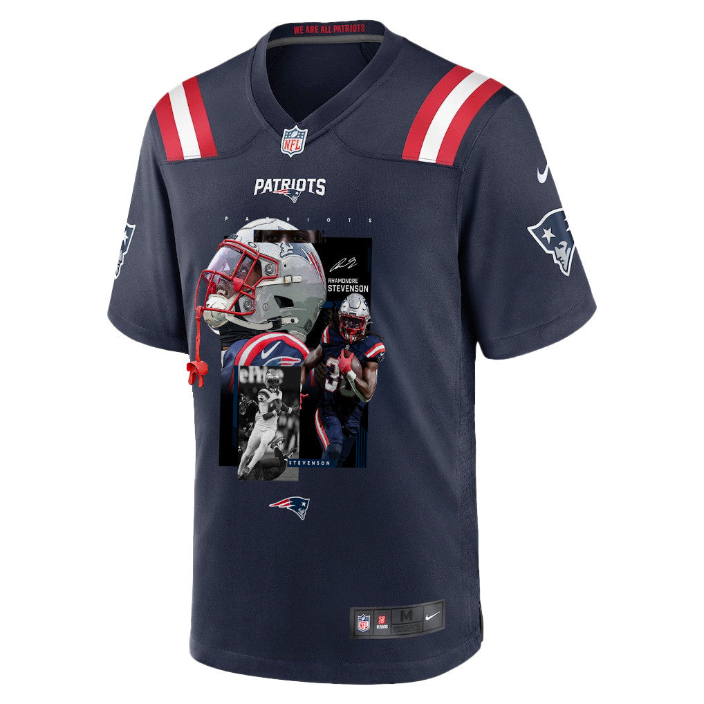 Rhamondre Stevenson 38 New England Patriots Super Bowl LX Relentless Rushing Talent Men Jersey – Navy