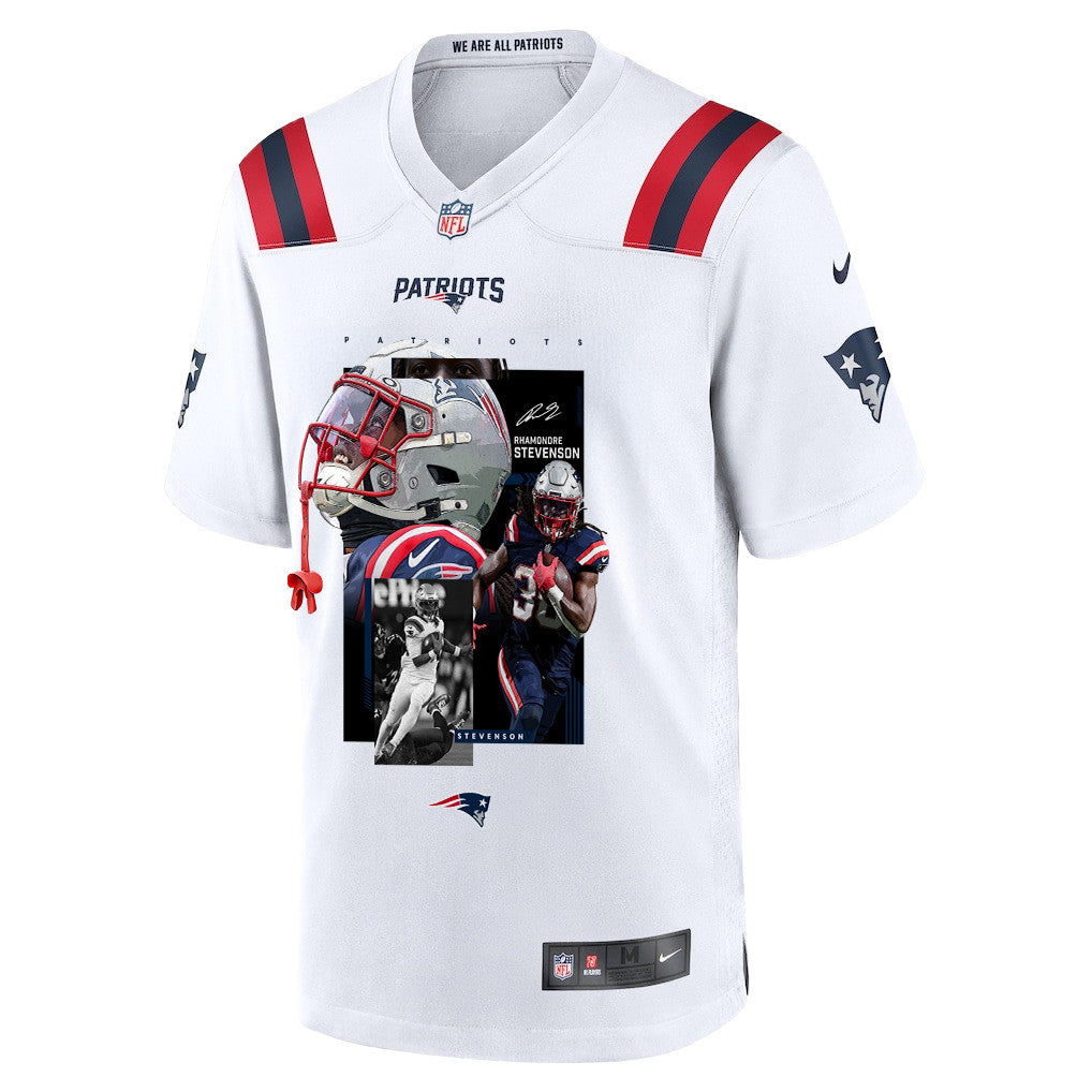 Rhamondre Stevenson 38 New England Patriots Super Bowl LX Relentless Rushing Talent Men Jersey – White