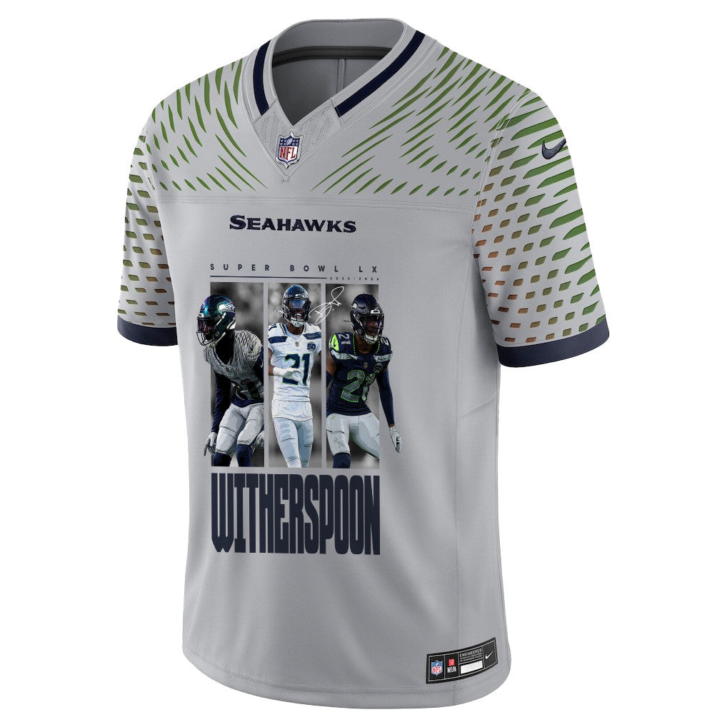Devon Witherspoon 21 Seattle Seahawks Super Bowl LX Electric Run Threat Jersey – Grey