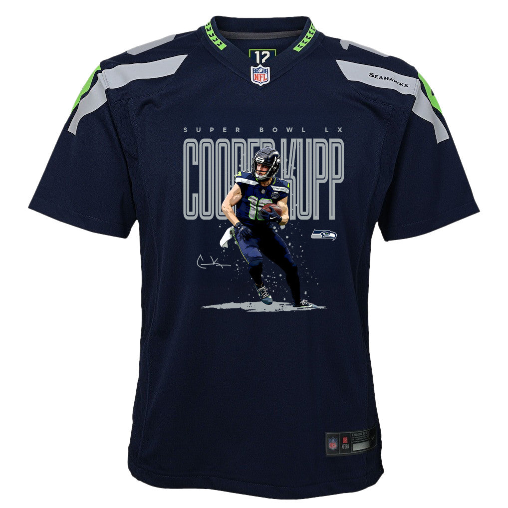 Cooper Kupp 10 Seattle Seahawks Super Bowl LX Fan-Favorite Icon YOUTH Game Jersey– Navy
