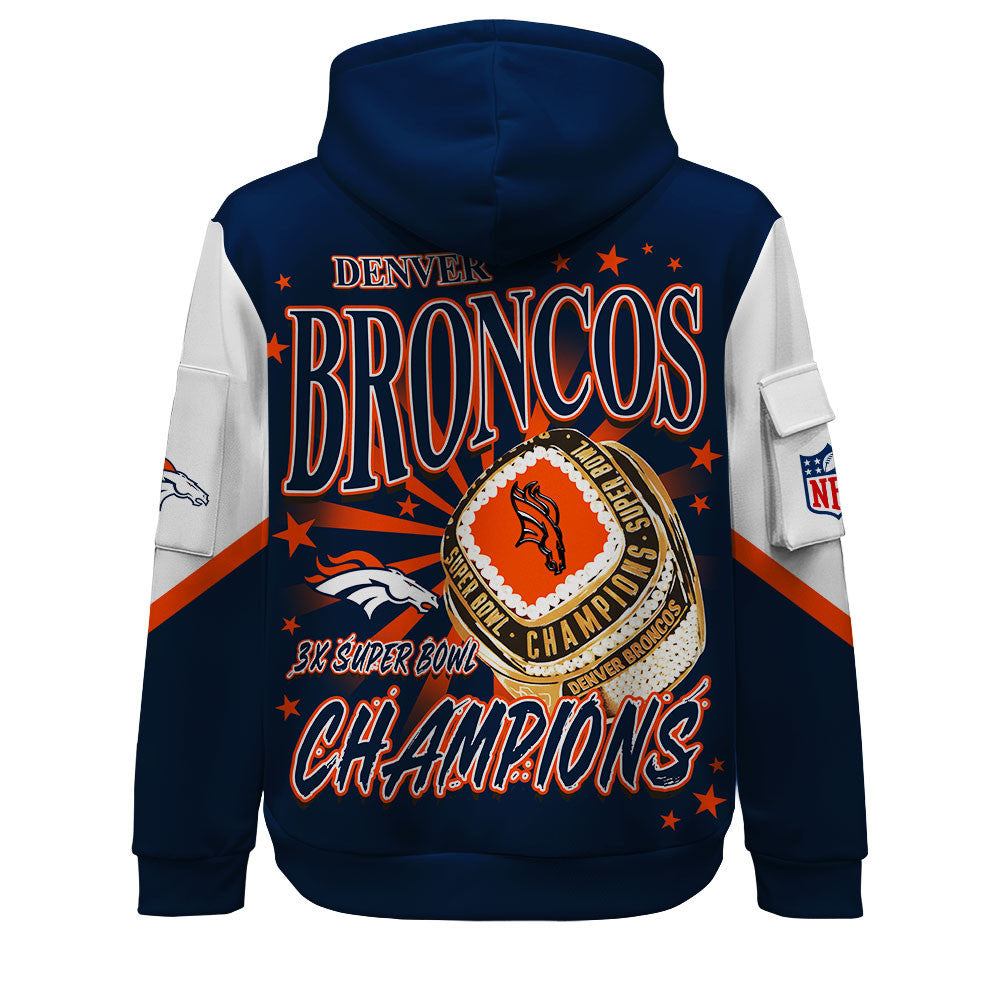 NFL Denver Broncos 3X Super Bowl Champions Gold Ring Quarter Zip Hoodie