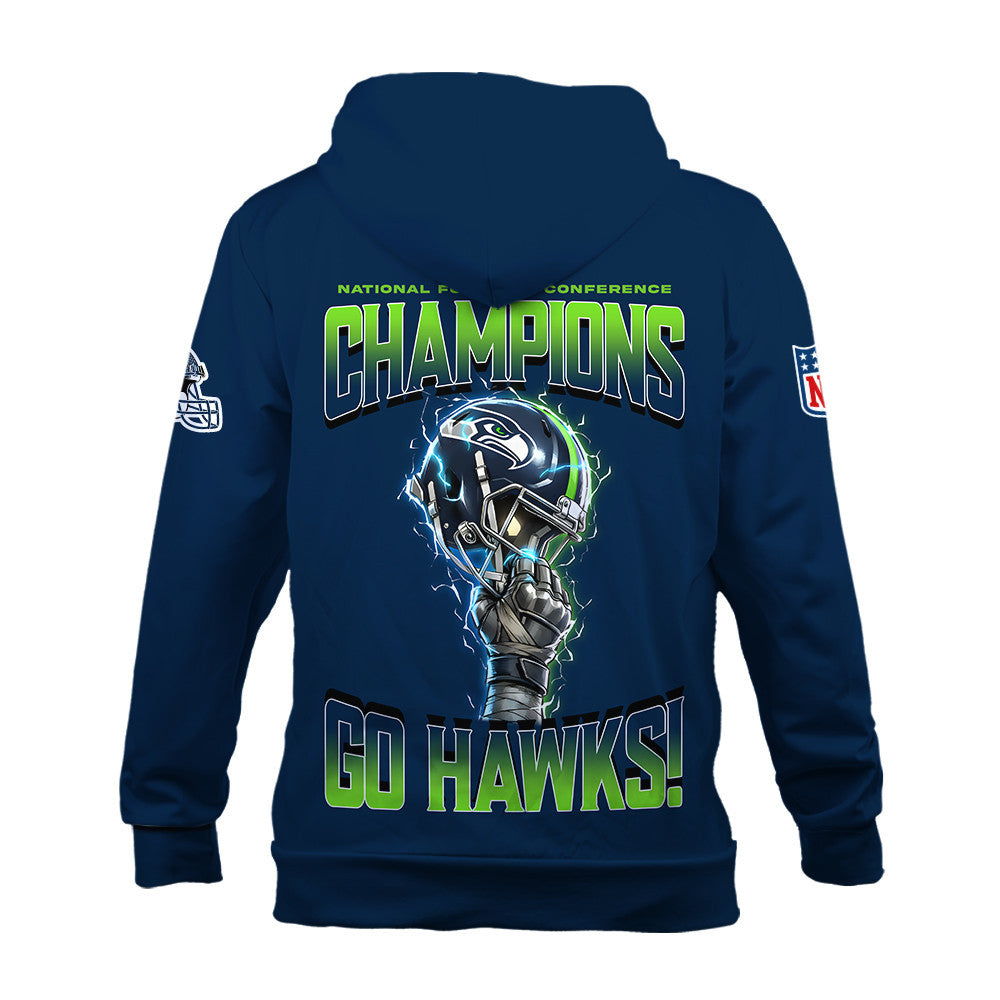 Seattle Seahawks NFC Champions 2025 – Fiery Lightning Zip Hoodie