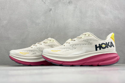 HOKA Clifton 9 Cream/Fuchsia Daily Running Trainers