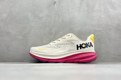 HOKA Clifton 9 Cream/Fuchsia Daily Running Trainers