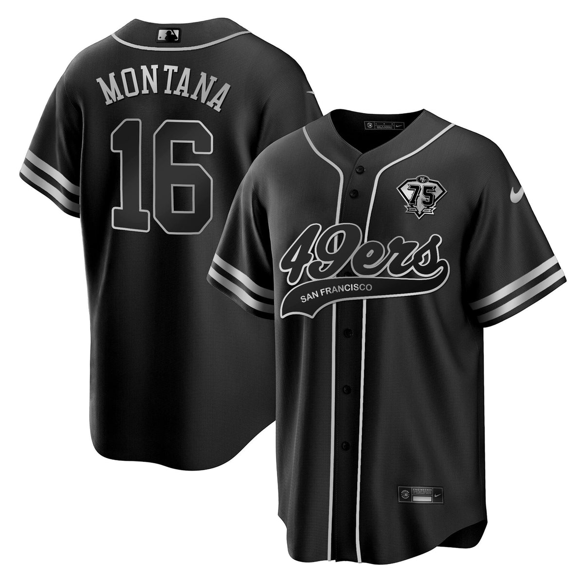 Joe Montana 16 San Francisco 49ers Baseball Men Jersey - Black Silver