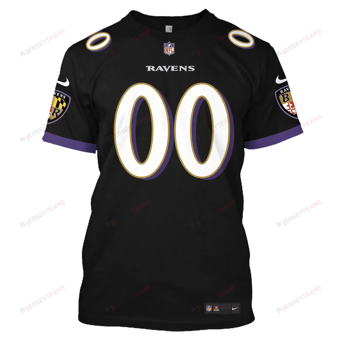 Baltimore Ravens Custom Name Number All Over Print T-shirt - Black