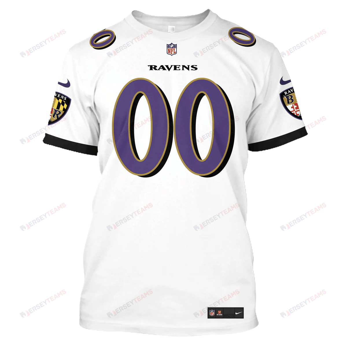 Baltimore Ravens Custom Name Number All Over Print T-shirt - White