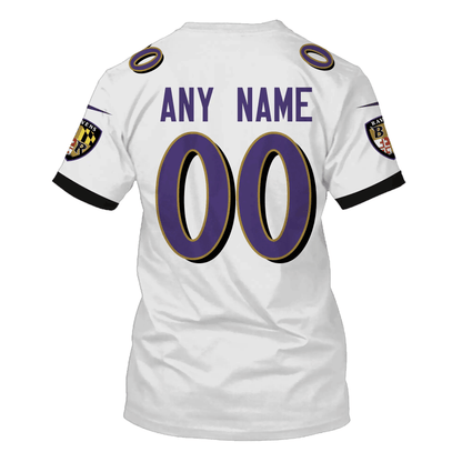 Baltimore Ravens Custom Name Number All Over Print T-shirt - White