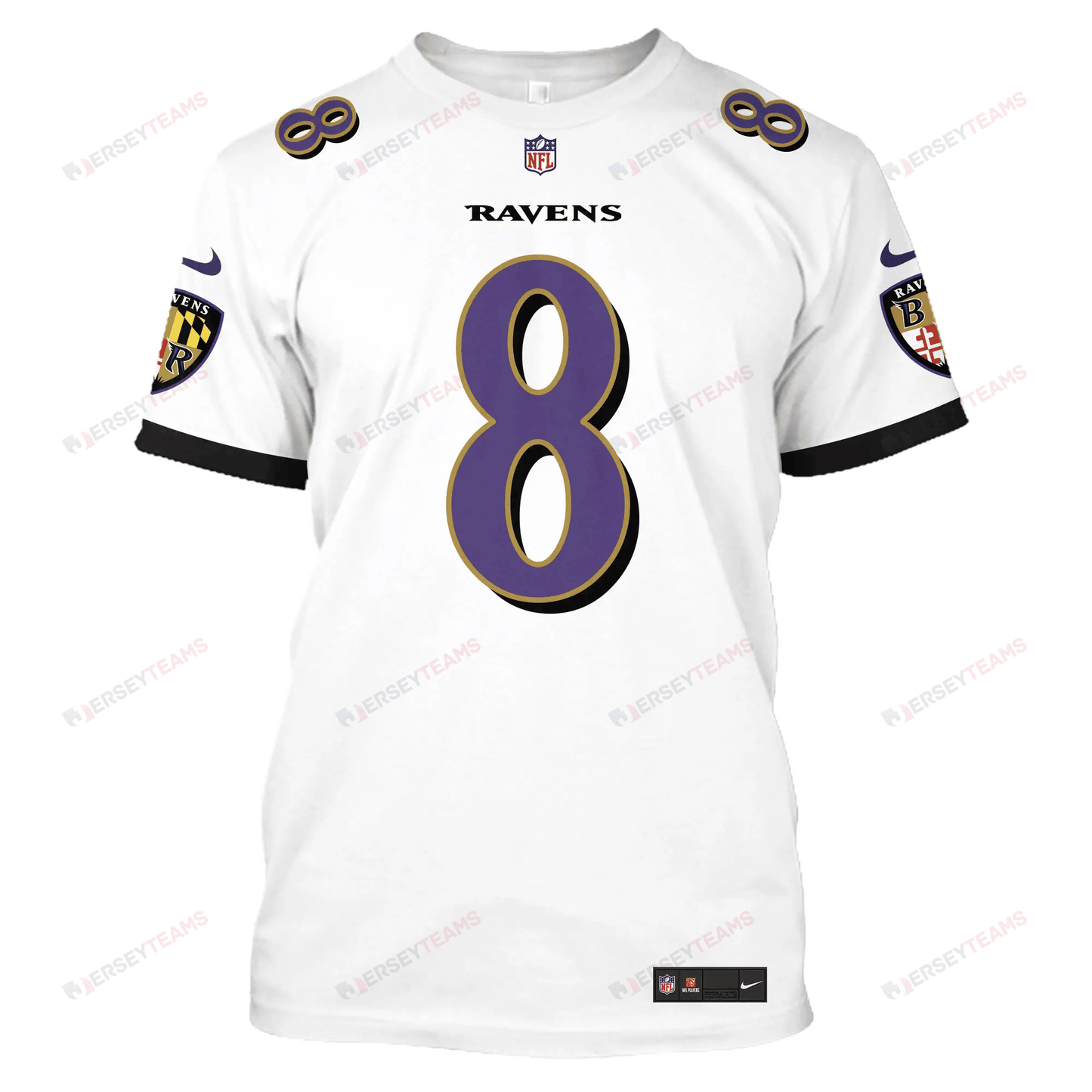 Lamar Jackson 8 Baltimore Ravens All Over Print T-shirt - White