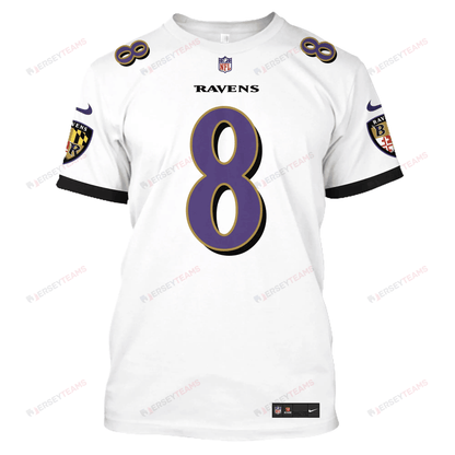 Lamar Jackson 8 Baltimore Ravens All Over Print T-shirt - White