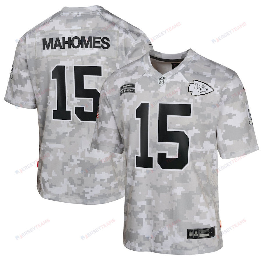 Patrick Mahomes 15 Kansas City Chiefs 2024 Salute to Service Game YOUTH Jersey - Arctic Camo