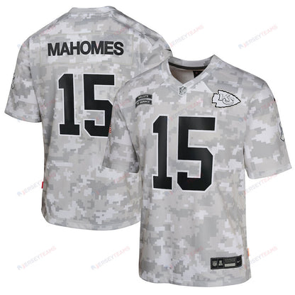 Patrick Mahomes 15 Kansas City Chiefs 2024 Salute to Service Game YOUTH Jersey - Arctic Camo