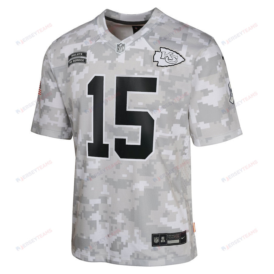 Patrick Mahomes 15 Kansas City Chiefs 2024 Salute to Service Game YOUTH Jersey - Arctic Camo