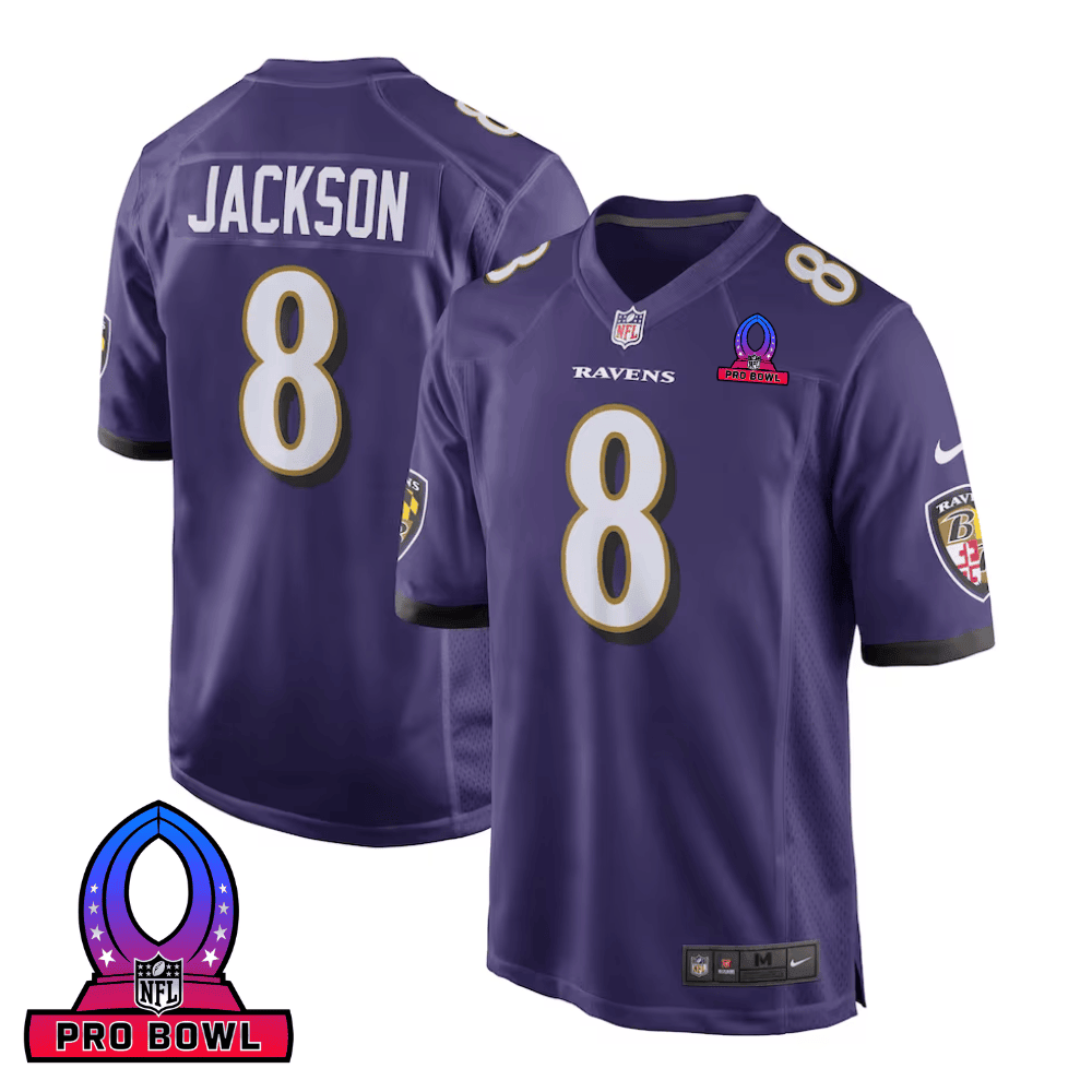 Lamar Jackson 8 Baltimore Ravens 2025 Pro Bowl Patch Game Men Jersey - Purple
