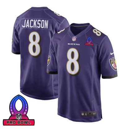 Lamar Jackson 8 Baltimore Ravens 2025 Pro Bowl Patch Game Men Jersey - Purple