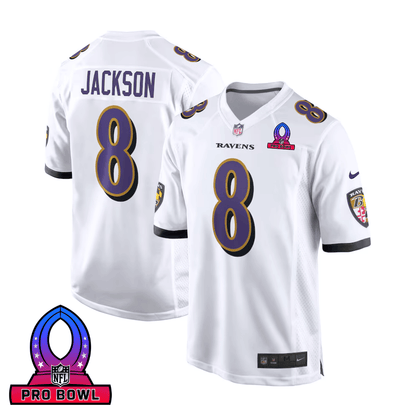 Lamar Jackson 8 Baltimore Ravens 2025 Pro Bowl Patch Game Men Jersey - White