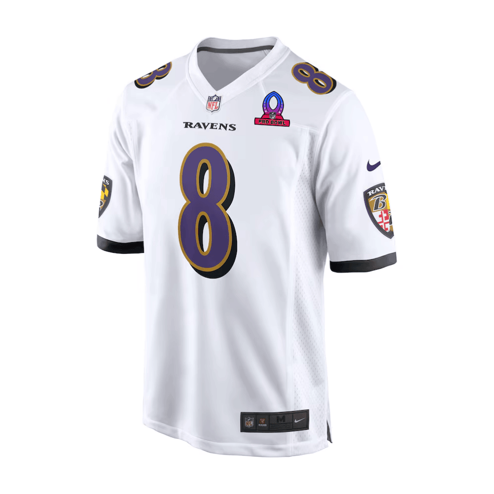 Lamar Jackson 8 Baltimore Ravens 2025 Pro Bowl Patch Game Men Jersey - White