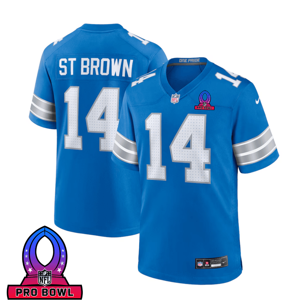 Amon-Ra St. Brown 14 Detroit Lions 2025 Pro Bowl Patch Game Men Jersey - Blue