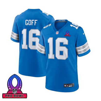 Jared Goff 16 Detroit Lions 2025 Pro Bowl Patch Game Men Jersey - Blue