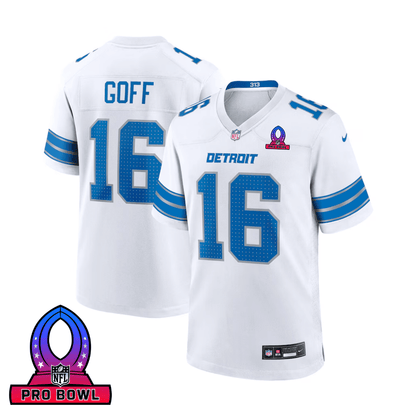 Jared Goff 16 Detroit Lions 2025 Pro Bowl Patch Game Men Jersey - White