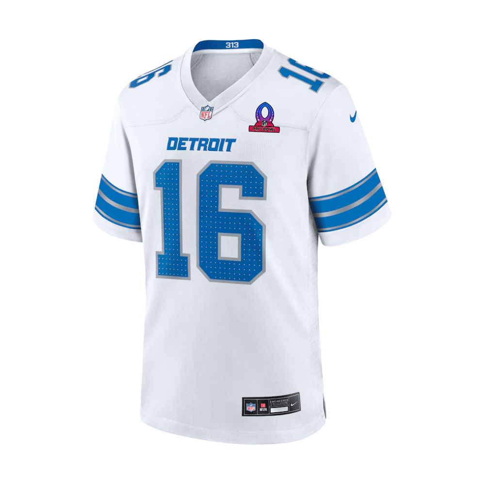 Jared Goff 16 Detroit Lions 2025 Pro Bowl Patch Game Men Jersey - White