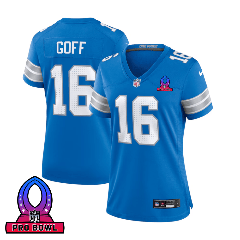 Jared Goff 16 Detroit Lions 2025 Pro Bowl Patch Women Game Jersey - Blue