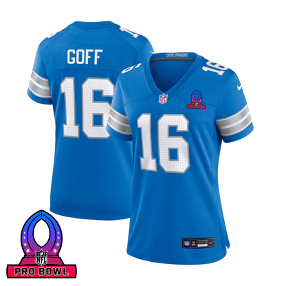 Jared Goff 16 Detroit Lions 2025 Pro Bowl Patch Women Game Jersey - Blue
