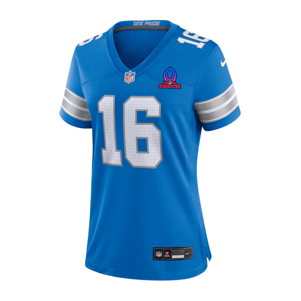 Jared Goff 16 Detroit Lions 2025 Pro Bowl Patch Women Game Jersey - Blue