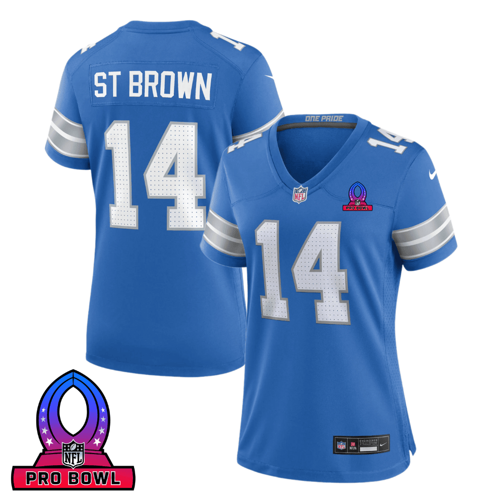 Amon-Ra St. Brown 14 Detroit Lions 2025 Pro Bowl Patch Women Game Jersey - Blue