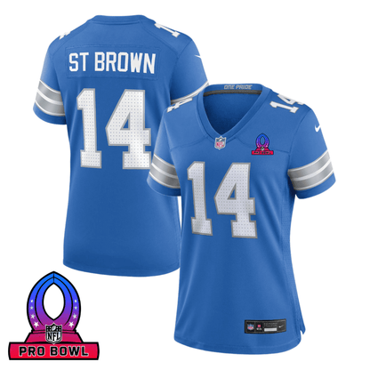 Amon-Ra St. Brown 14 Detroit Lions 2025 Pro Bowl Patch Women Game Jersey - Blue
