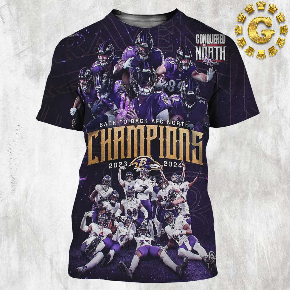 Baltimore Ravens Back To Back AFC North Champions 2024 All Over Printed T-Shirt