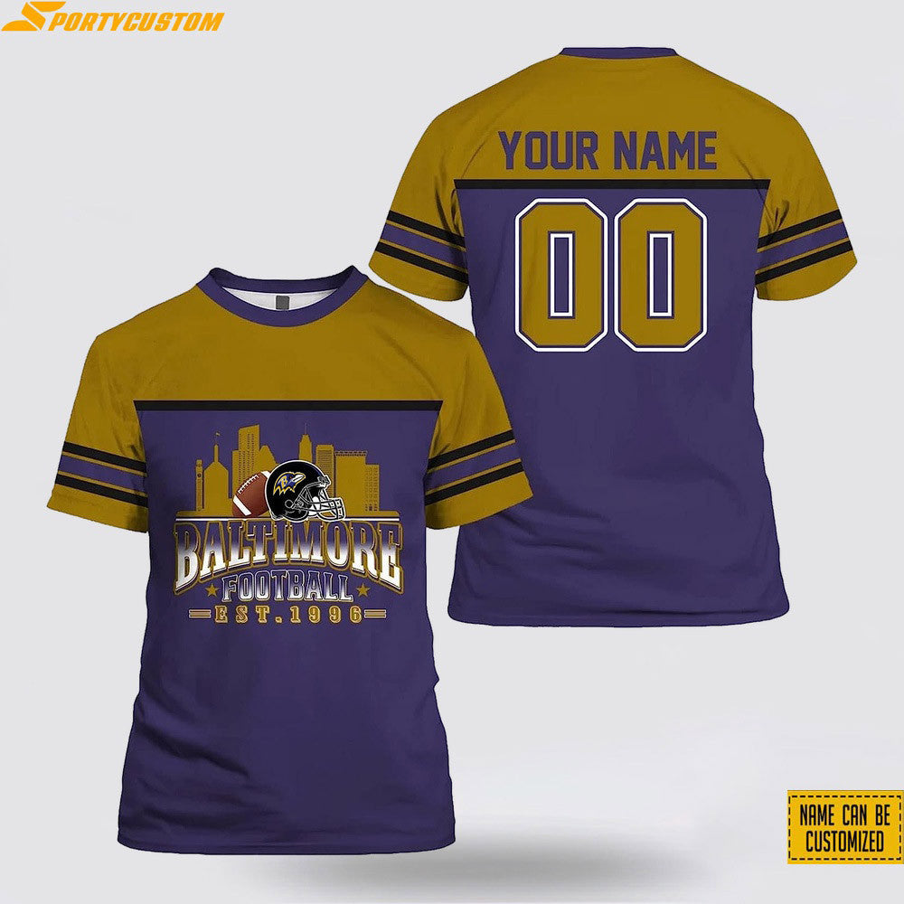 Baltimore Ravens City Custom Name & Number All Over Printed T-Shirt - Gold/Purple