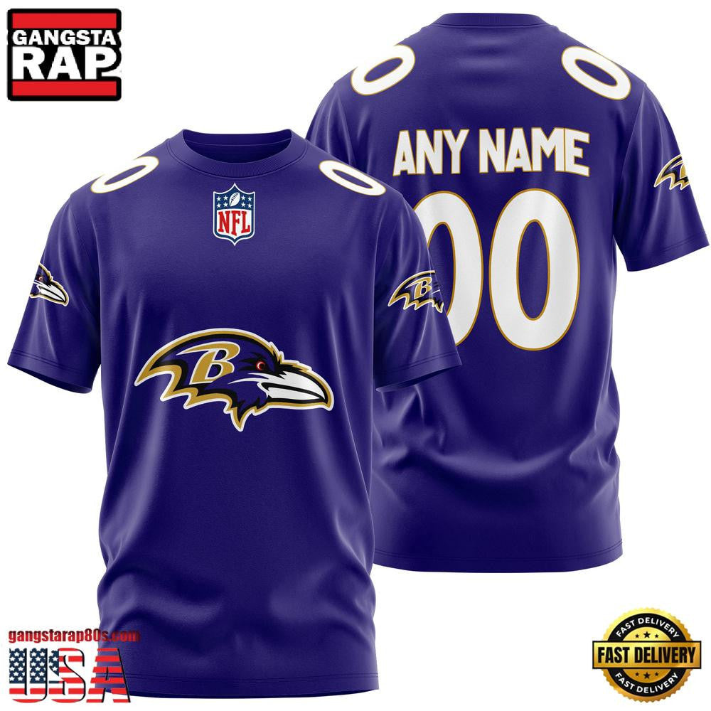 Baltimore Ravens Team Sport Custom Name & Number All Over Printed T-Shirt - Purple