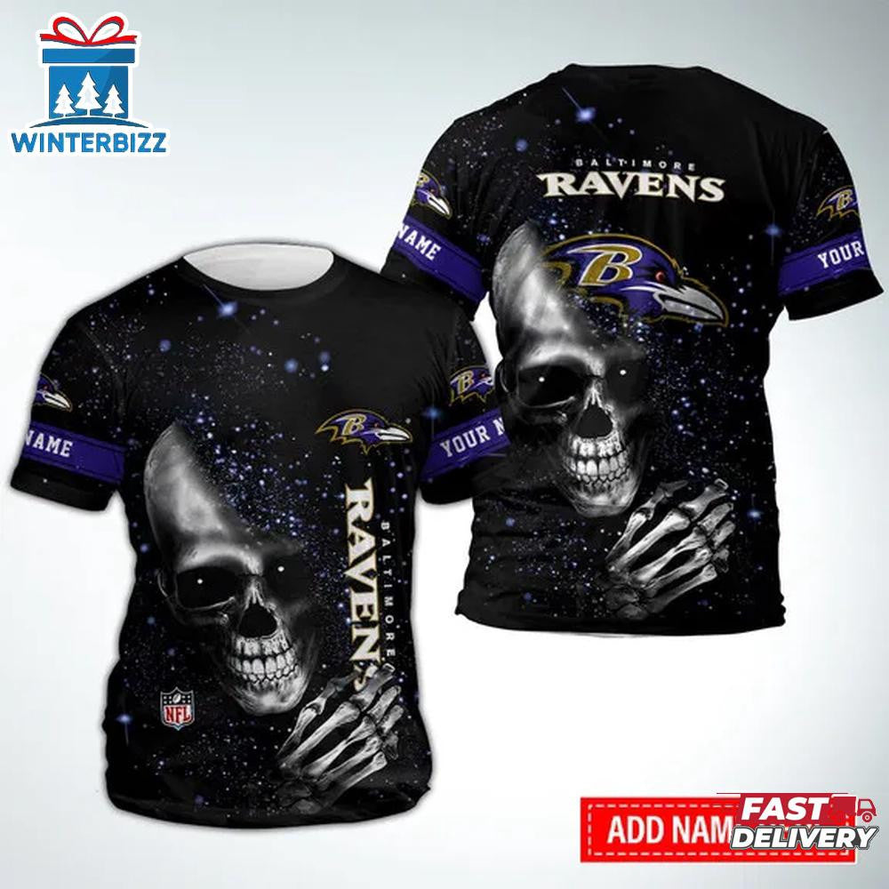 Baltimore Ravens Skull Galaxy Custom Name All Over Printed T-Shirt - Black