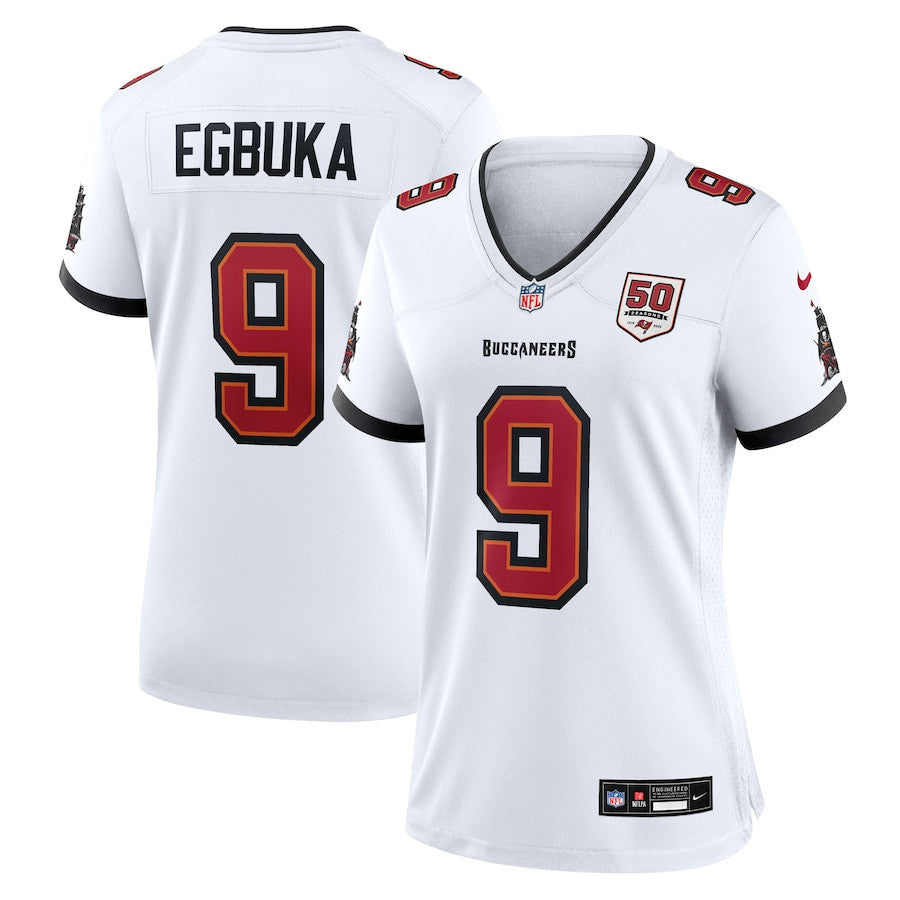 Emeka Egbuka 9 Tampa Bay Buccaneers Women's 50th Season Patch Game Jersey - White