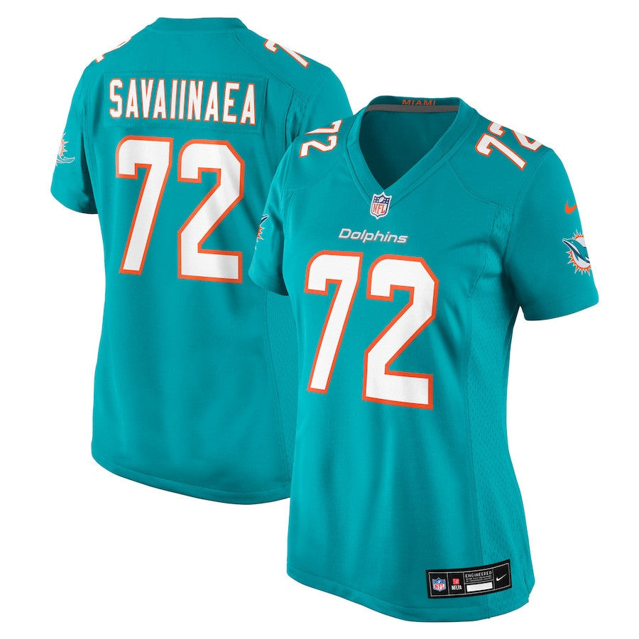 Jonah Savaiinaea 72 Miami Dolphins Women's Team Game Jersey - Aqua