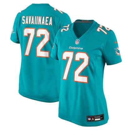 Jonah Savaiinaea 72 Miami Dolphins Women's Team Game Jersey - Aqua