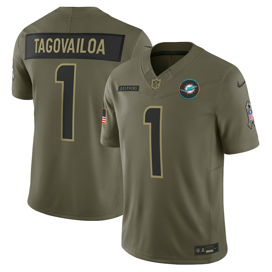 Tua Tagovailoa 1 Miami Dolphins 2025 Salute To Service Men Jersey - Olive