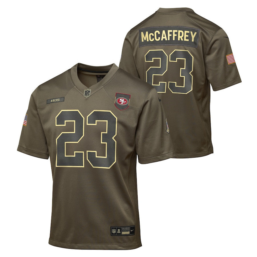 Christian McCaffrey 23 San Francisco 49ers 2025 Salute to Service YOUTH Jersey - Olive