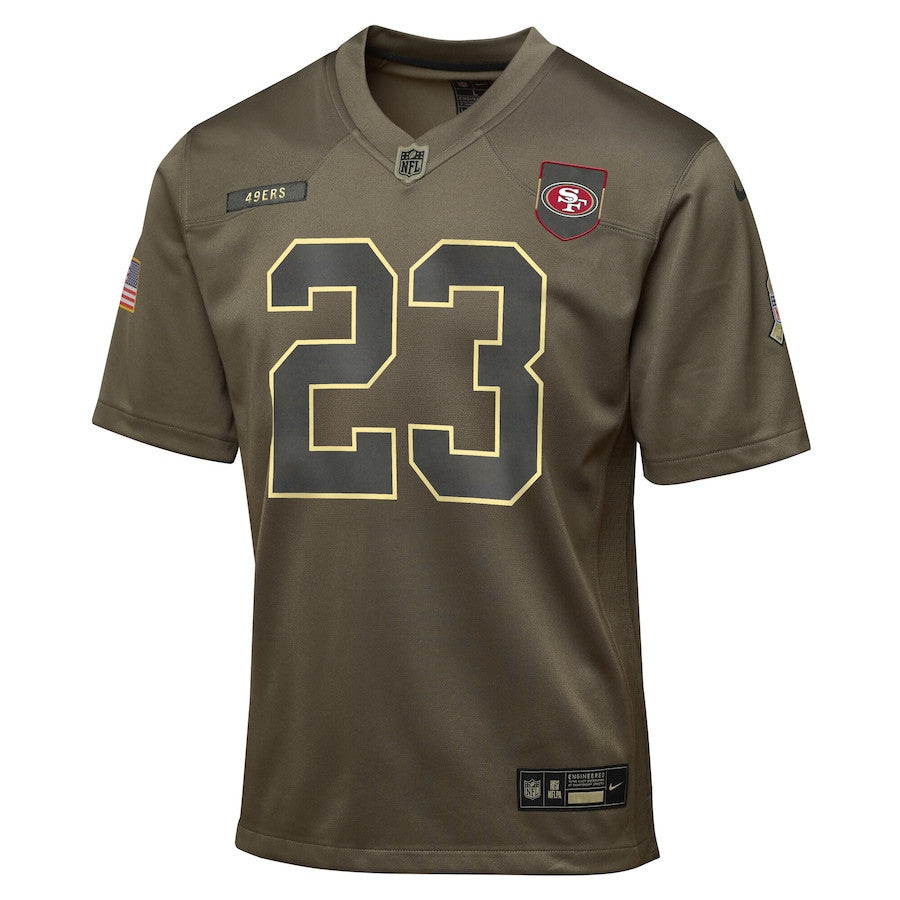 Christian McCaffrey 23 San Francisco 49ers 2025 Salute to Service YOUTH Jersey - Olive