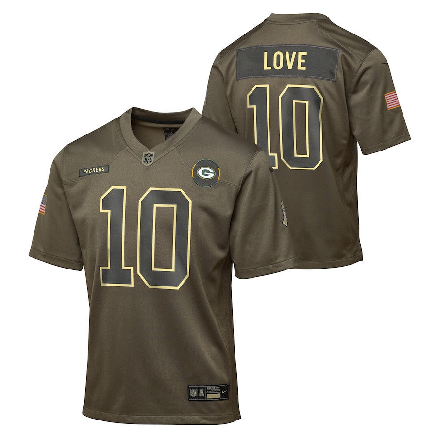 Jordan Love 10 Green Bay Packers 2025 Salute to Service YOUTH Jersey - Olive