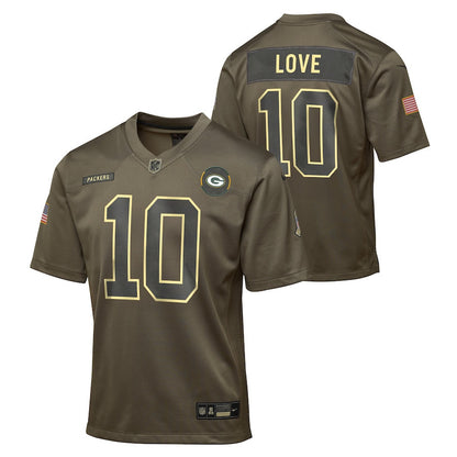 Jordan Love 10 Green Bay Packers 2025 Salute to Service YOUTH Jersey - Olive
